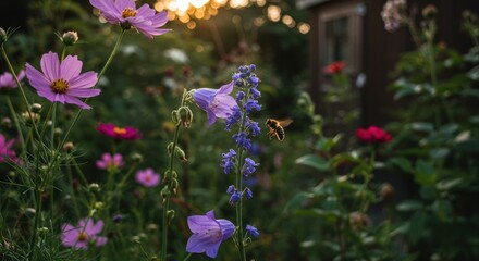 Garden with various flowers in bloom illuminated by sunlight.