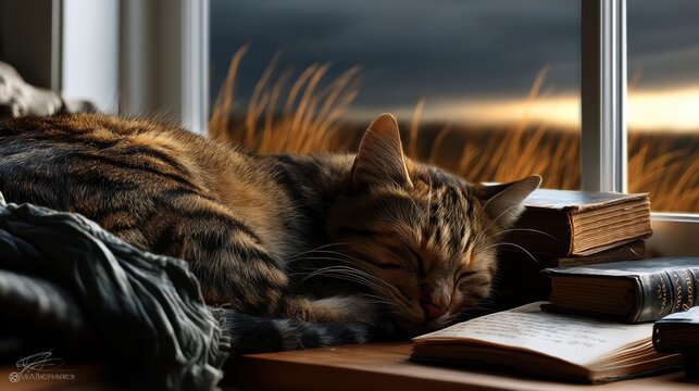 Cozy tabby cat sleeping on a wooden table near a window with books and warm sunset light