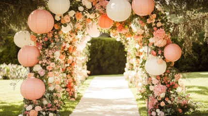 Pathway decorated with paper lanterns and floral arches at a warm weather festival