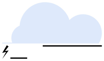 Large abstract cloud in soft blue color with a black lightning bolt and minimal lines for contrast. Ideal for weather apps, renewable energy, climate awareness, power, nature, forecasting, simple