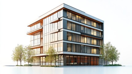 Modern, multi-story apartment building facade with landscaping.