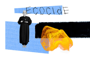 Exclusive artwork banner creative collage of serious old woman judge hold hammer ecocide problem...
