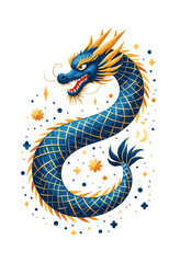 Obraz premium Blue and Gold Chinese Dragon with Stars on White