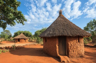 African village huts under a blue sky.