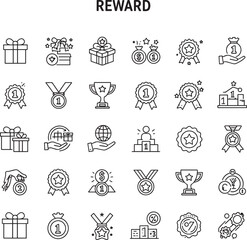Naklejka premium Reward set of web icons in line style. A collection of linear icons representing various reward concepts, including gift, trophy, recognition, reward program, medal, bonus, and more. Editable stroke.i