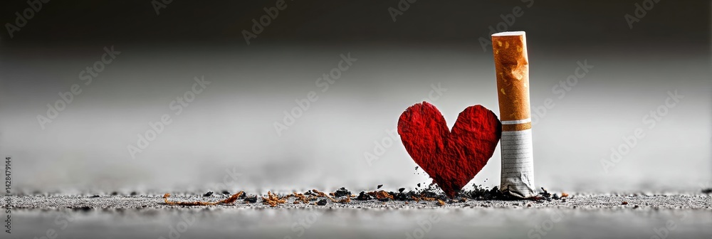 Poster Symbol of Health Destruction Captured With a Cigarette Stub Pressed Into a Red Heart on a Grey Surface, Emphasizing the Dangers of Smoking