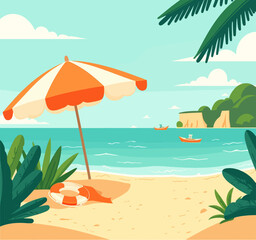 Obraz premium Cartoon beach scene with orange umbrella and life preserver