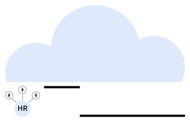 Large cloud overlay with HR icon connecting to upward arrows. Ideal for teamwork, HR strategy, cloud computing, business growth, human resources, data sharing, flat simple metaphor