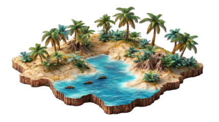 A digitally rendered, stylized depiction of a tropical island, showcasing a lagoon, palm trees, and lush vegetation.