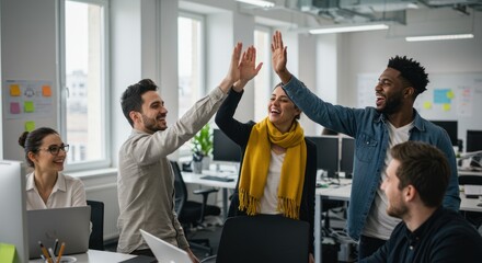 Diverse group of colleagues celebrating success with a high five in office.