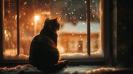 Cat sits by window watching snow falling outside on a winter night.