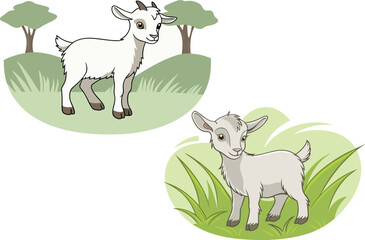 Cartoon Goats in Grass Playful & Charming Farm Illustration