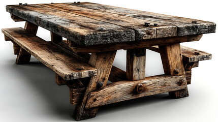 Rustic wooden picnic table set isolated on white background with natural wood grain textures and weathered surface