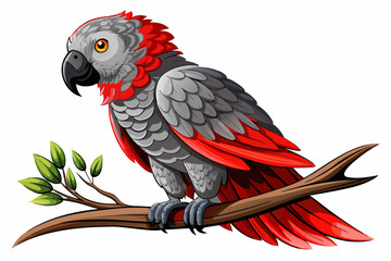 vector of African gray parrot with striking red tail feathers sitting peacefully on a branch isolated on white.