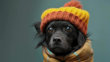 Very cute black dog in a cozy orange and yellow knitted hat and yellow scarf with blue stripes on a dark background looking to the side with copy space. Pets in clothes video for winter themes. - Powered by Adobe