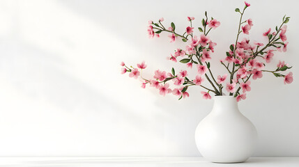 Delicate cherry blossom arrangement in white vase minimalist decor soft lighting floral still life