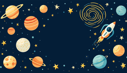 Cartoon Planets, Stars, Galaxy, and Rocket Ship on Dark Blue