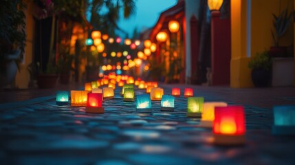 Rows of glowing paper lanterns lining a cobblestone street at a quiet night festival
