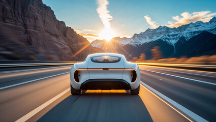 Naklejka premium A pristine white sports car cruises on the open highway towards a stunning mountain sunset.