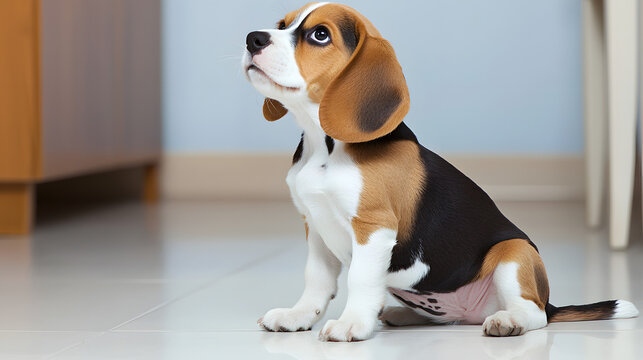 A small brown and white dog is sitting on a tile floor. Generated using AI.