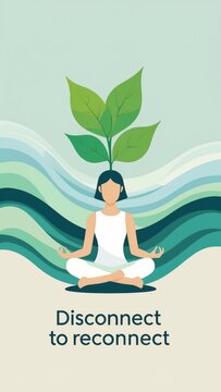 Illustration of a woman meditating with green leaves above her head and text "Disconnect to reconnect