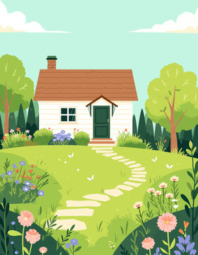Charming house with flower garden and stone path illustration