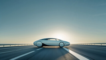 A futuristic white car travels along a highway at sunset, embodying modern design.