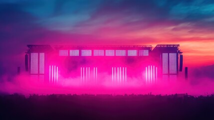 Fototapeta premium Scenic sunset behind a large open-air music festival stage with fog and dramatic lighting setup