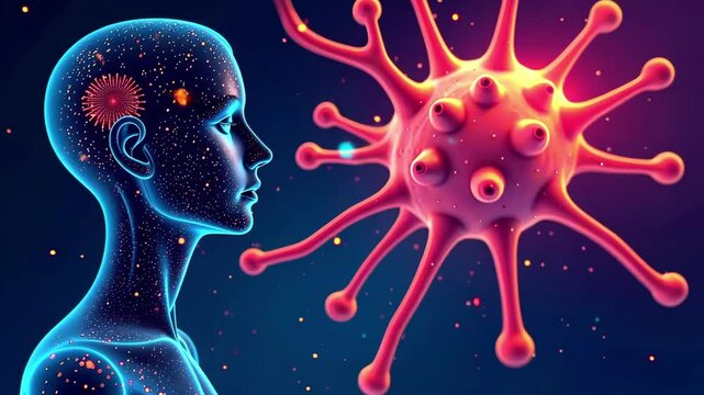 Human figure adorned with cosmic designs observes a colorful virus, emphasizing the connection between life and microscopic entities, camera pans to enhance visual storytelling