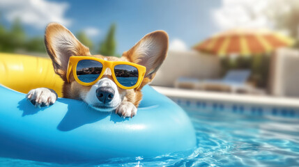 A happy dog in sunglasses rests on a blue ring in a swimming pool on a sunny summer day. Animal enjoying vacation at resort concept.