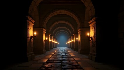 Fototapeta premium Mysterious Stone Archway Illuminated by Torches