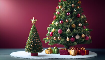 a small christmas tree rotates near a large decorated christmas tree