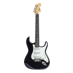A black electric guitar with a white pickguard