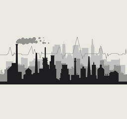 Obraz premium Cityscape with Factories and Heart Rate Line Art