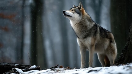 Obraz premium Majestic Siberian Husky in a Snowy Forest during Snowfall, Capturing Wild and Natural Canine Beauty