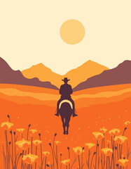 Fototapeta premium Cowboy Silhouette on Horseback in Poppy Field at Sunset