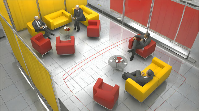 collaborating in a workspace with modular furniture reflecting De Stijl aesthetics