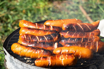 Grilled sausages with grill marks sizzling over open flame on an outdoor barbecue. Juicy brown sausages on black metal grate, nature and greenery in the background.

