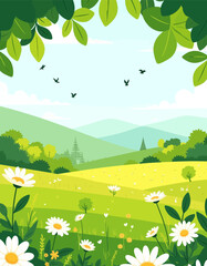 Naklejka premium Daisy field with mountains and birds illustration