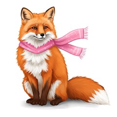 Fototapeta premium Illustration of a Charming Fox Wearing a Pink Scarf Sitting Gracefully with a Smiling Expression
