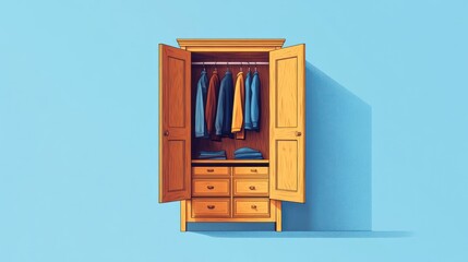 Obraz premium Open wooden wardrobe showcasing assorted clothing.