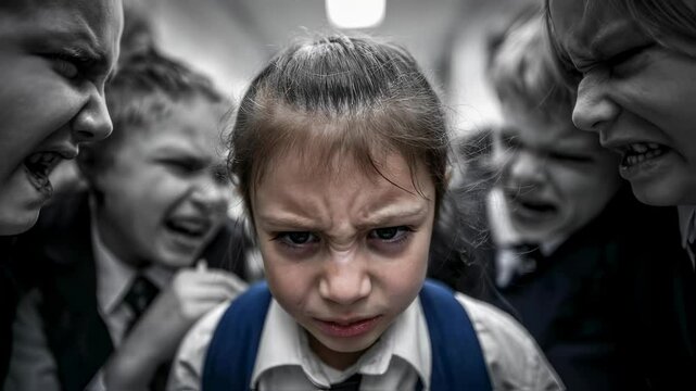Upset girl crying while bullied by angry boys shouting in school hallway stress abuse concept.