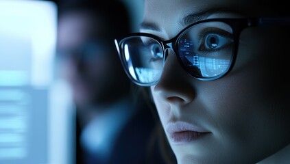 Woman wearing glasses looking at a screen with data reflections in the lenses.