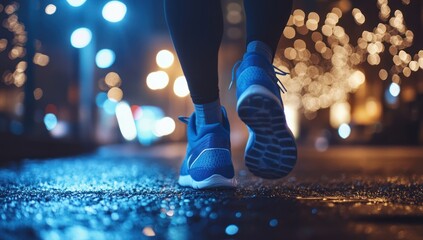 Person walking or running at night with blurred lights in the background.
