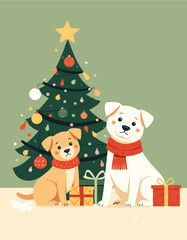 Festive dogs with gifts by decorated Christmas tree