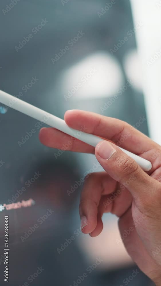 Aufkleber Person, hands and screen with code for software development, programming or computer science. Closeup, programmer or app developer with pen, script or interactive display for UI design, UX or data