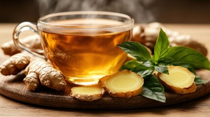 Aromatic ginger tea, steam rising from a clear cup of hot beverage, garnished with fresh ginger slices and basil leaves