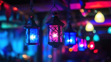 Vibrant lanterns hanging in rows during a traditional festival celebration with glowing lights