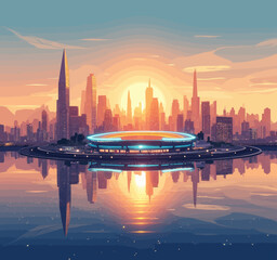 Futuristic Cityscape with Stadium at Sunset Reflection