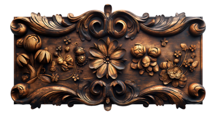 Floral Wood Carving Antique Brown Gold Ornament Panel for Vintage Wall Decor.